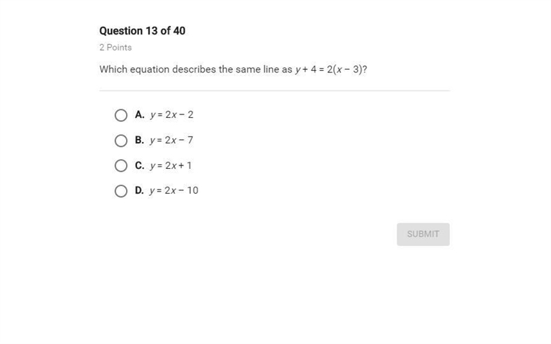 Which equation describes the same line as y + 4 = 2(x – 3)?-example-1