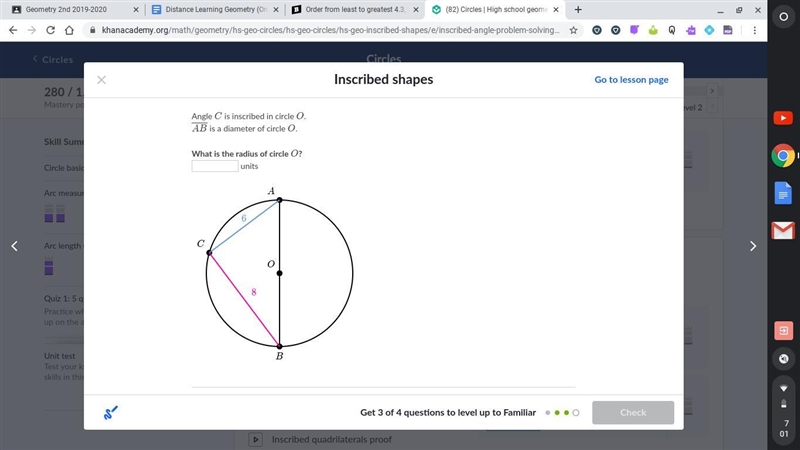 Angle C is inscribed in circle O. AB is a diameter of circle O. What is the radius-example-1