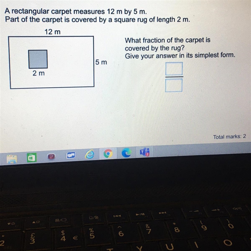 A rectangular carpet measures 12m by 5m. Part of the carpet is covered by a square-example-1