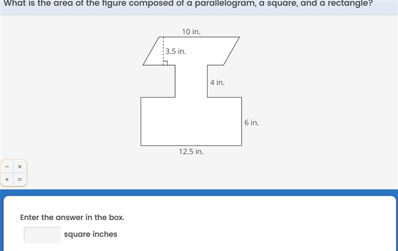 what is the area of the figure composed of a parallelogram, a square, and a rectangle-example-1