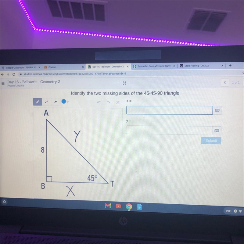 Identify the two missing sides of the 45-45-90 triangle-example-1