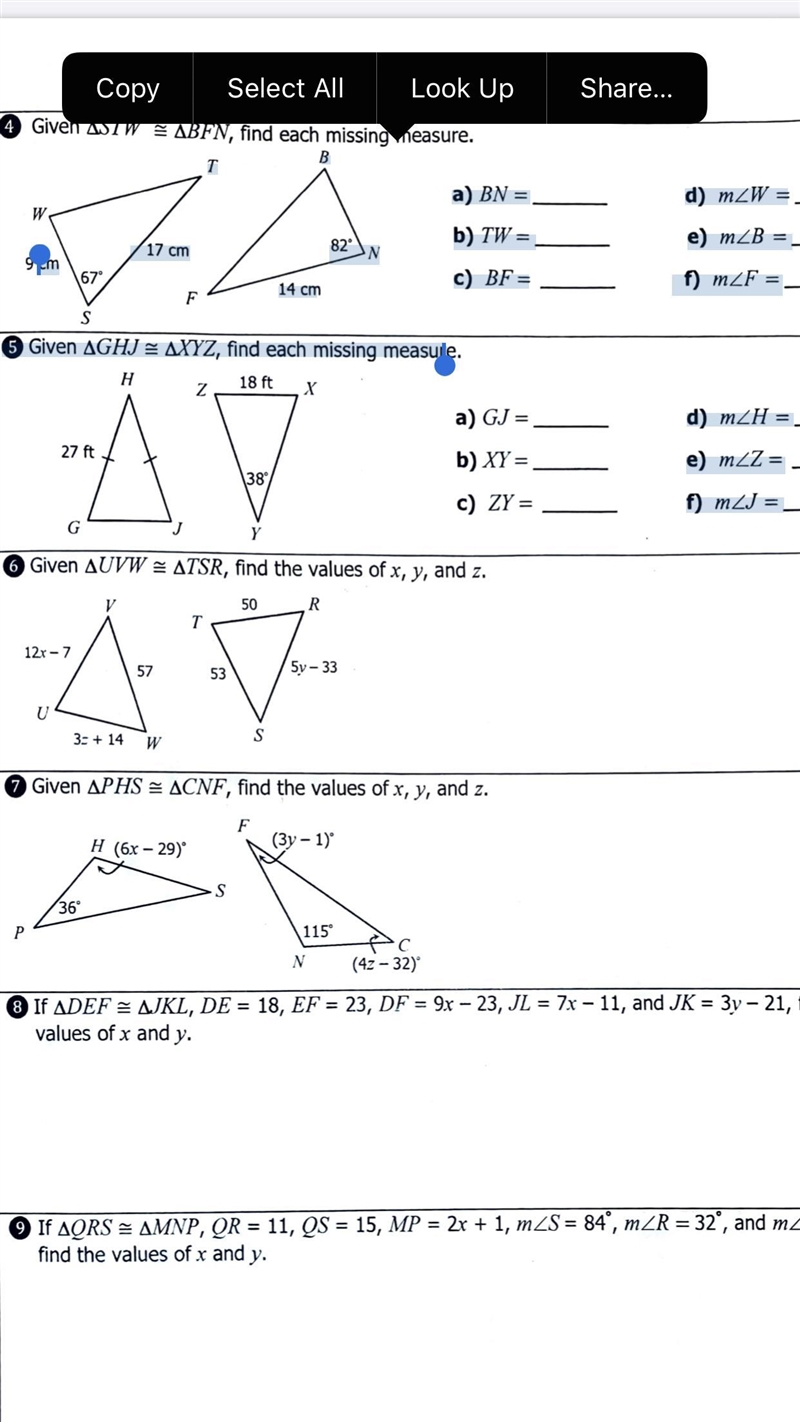 Ok need to find missing measurements for number 5 And need number 9 answered I have-example-1