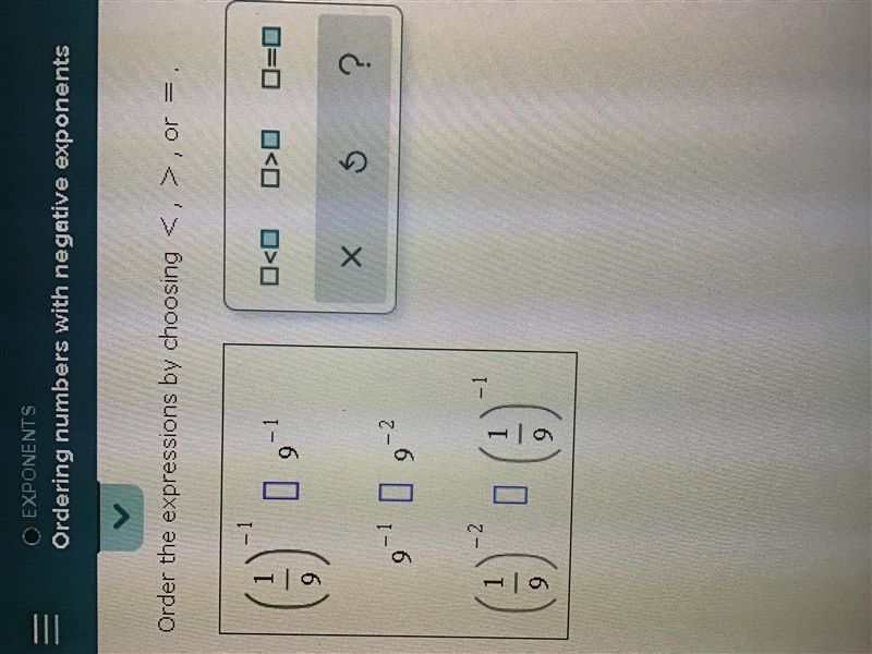 Order the expressions by choosing , or =-example-1