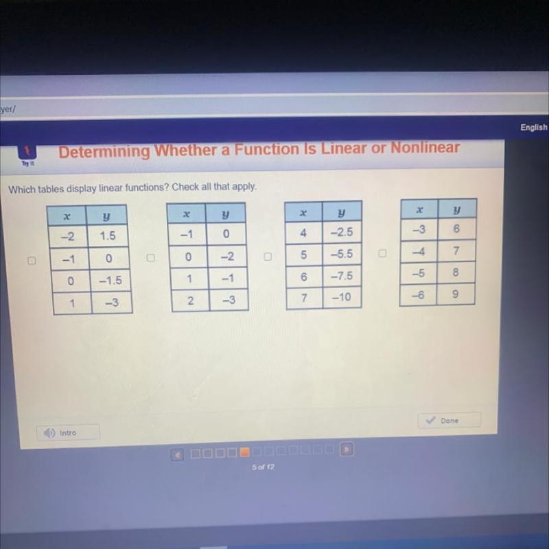 Which tables display linear functions?Check all that apply Please help me!!!!!-example-1