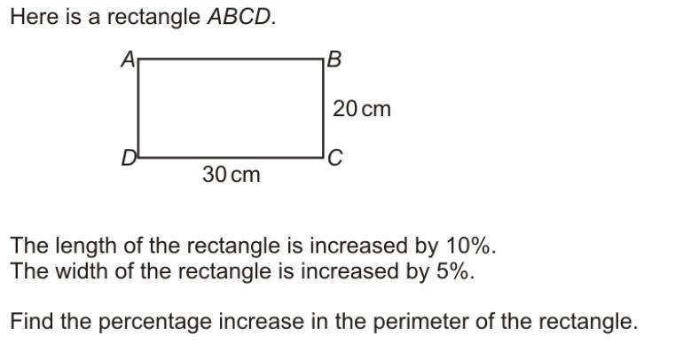 Here is a rectangle ABCD. The length of the rectangle is increased by 10%. The width-example-1