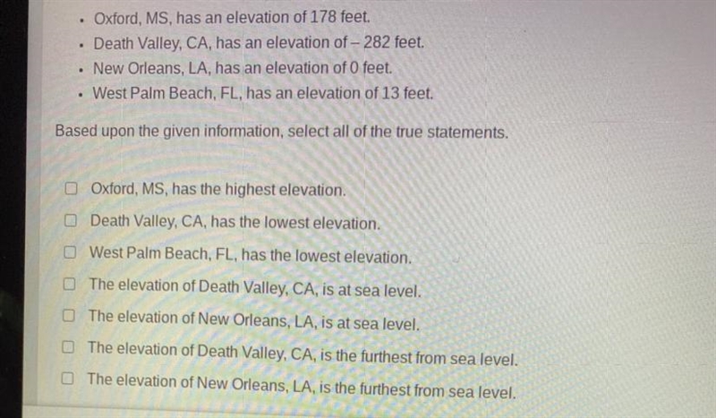 . • Oxford, MS, has an elevation of 178 feet. Death Valley, CA, has an elevation of-example-1