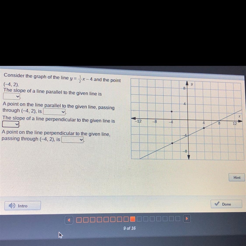 The slope of the line parallel to the given line is A point on the line parallel to-example-1