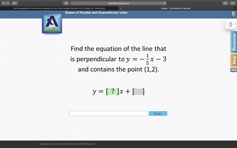 find the equation of the line that is perpendicular to y= -1/5x-3 and contains the-example-1