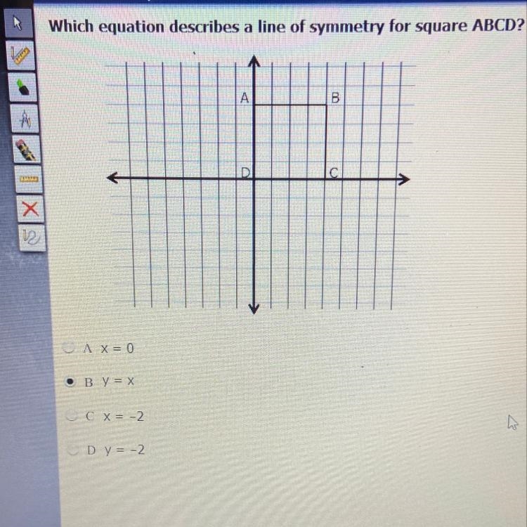 Which equation describes a line of symmetry for a square ABCD?-example-1