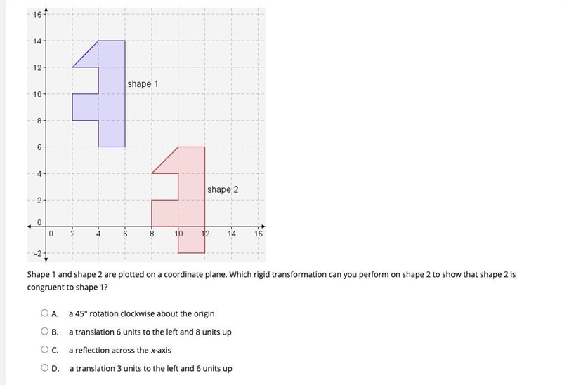 Shape 1 and shape 2 are plotted on a coordinate plane. Which rigid transformation-example-1