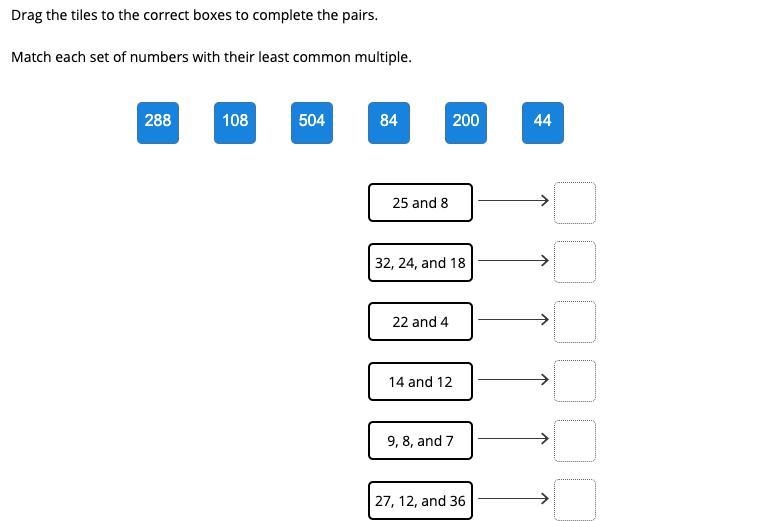 Match each set of numbers with their least common multiple.-example-1