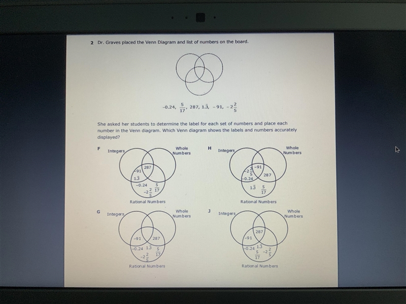 Dr. Graves placed the Venn Diagram and list of numbers on the board. -0.24, 5/17, 287, 1.3, -91, -2 2/5 She-example-1