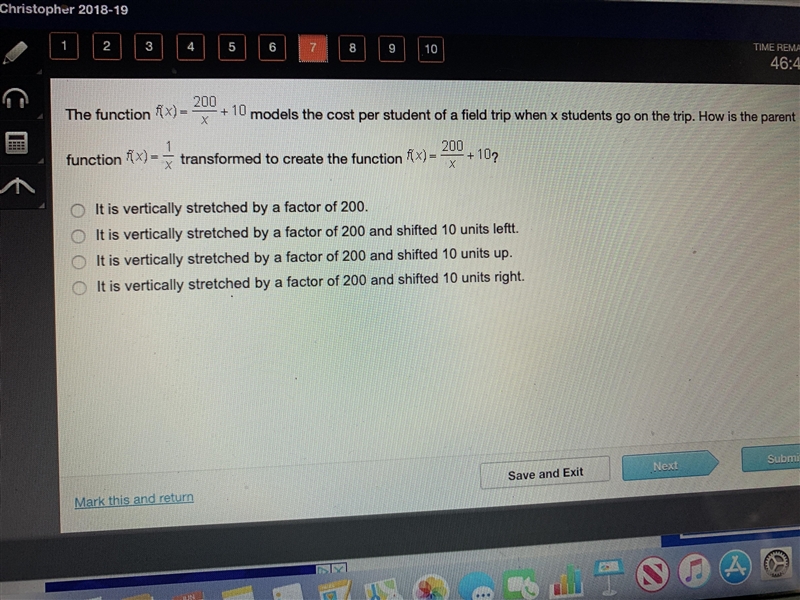 HELP! the function f(x)=200/x+10 models the cost per student of a field trip when-example-1