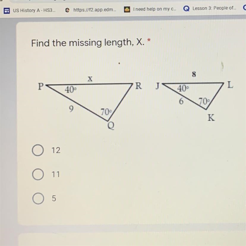 Find the missing Length X Help me !!!! A.12 B.11 C.5-example-1