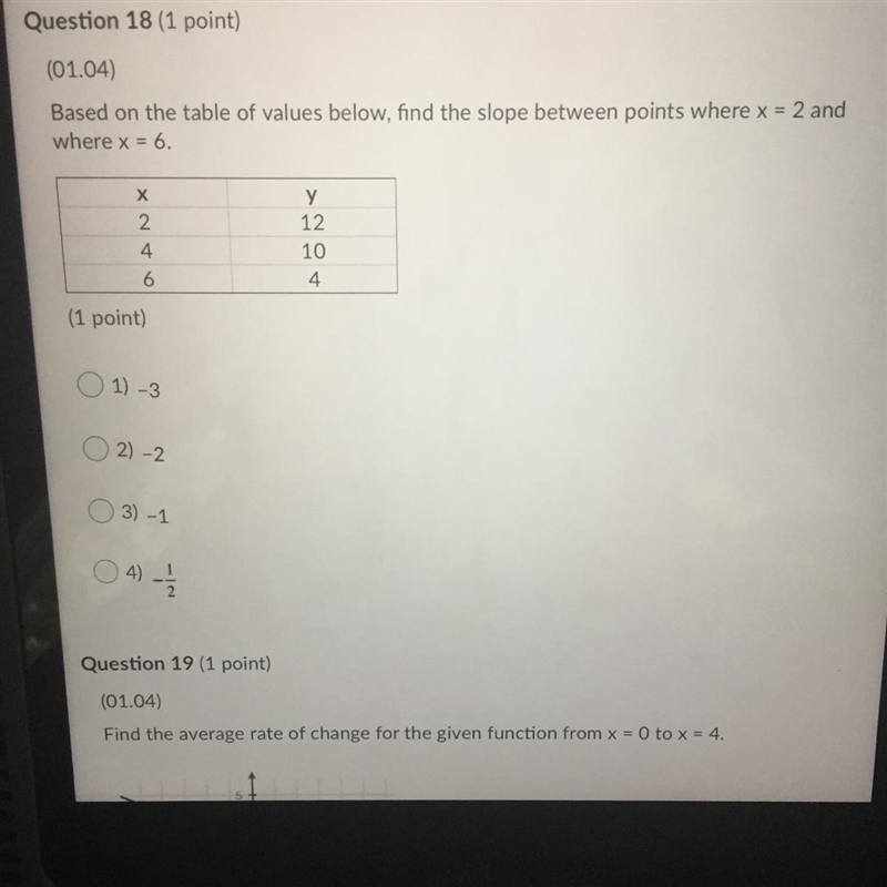 Based on the table of values below, find the slope between points where x = 2 and-example-1