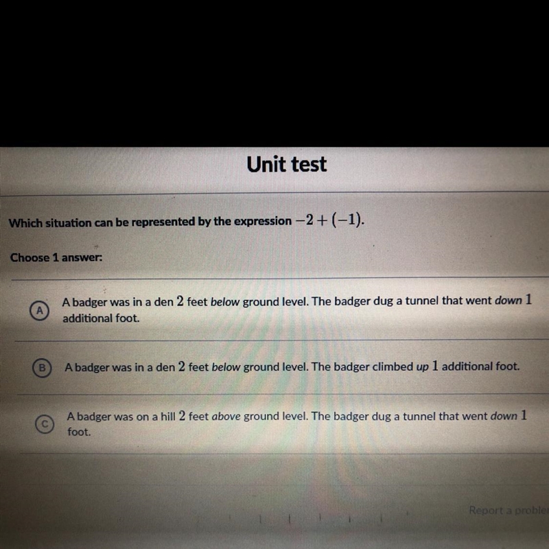 Which situation can be represented by the expression -2+(-1) Choose 1 Answer:-example-1