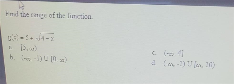 Find the range of the function g(x) = 5 + / 4 - x​-example-1