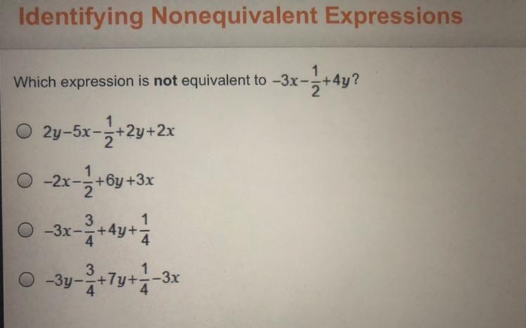 Which expression is not equivalent to -3x1/2+4y-example-1