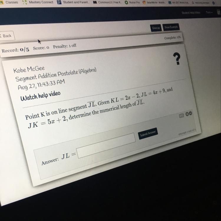 Point K is on line segment JL. Given KL = 2x – 2, JL = 4x + 9, and JK = 5x + 2, determine-example-1