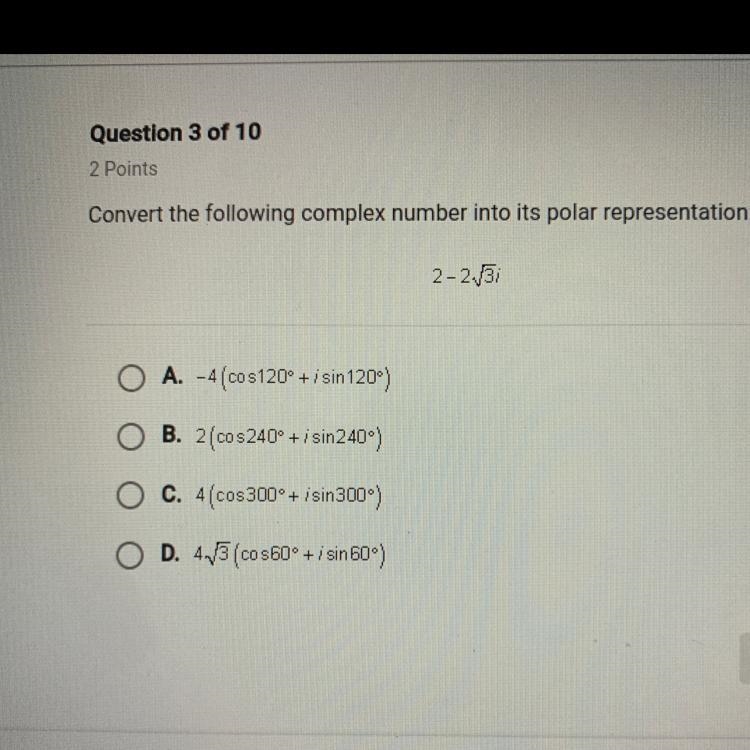 Convert the following complex number into its polar representation: 2-2sqrt3i-example-1