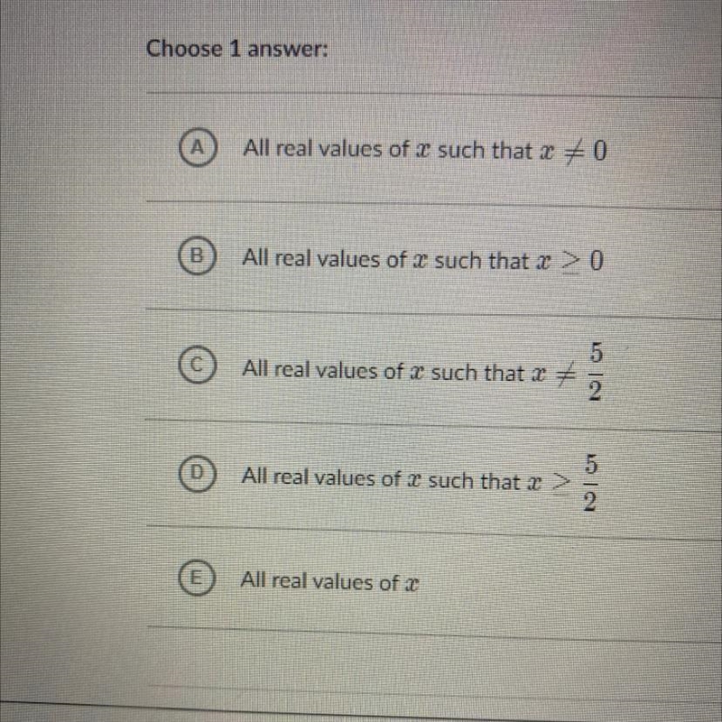 G(x) = 5-2x What is the domain of g? Choose 1 answer:-example-1