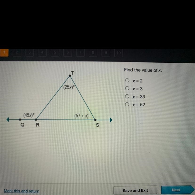 Find the value of x. x = 2 x = 3 x = 33 x = 52-example-1