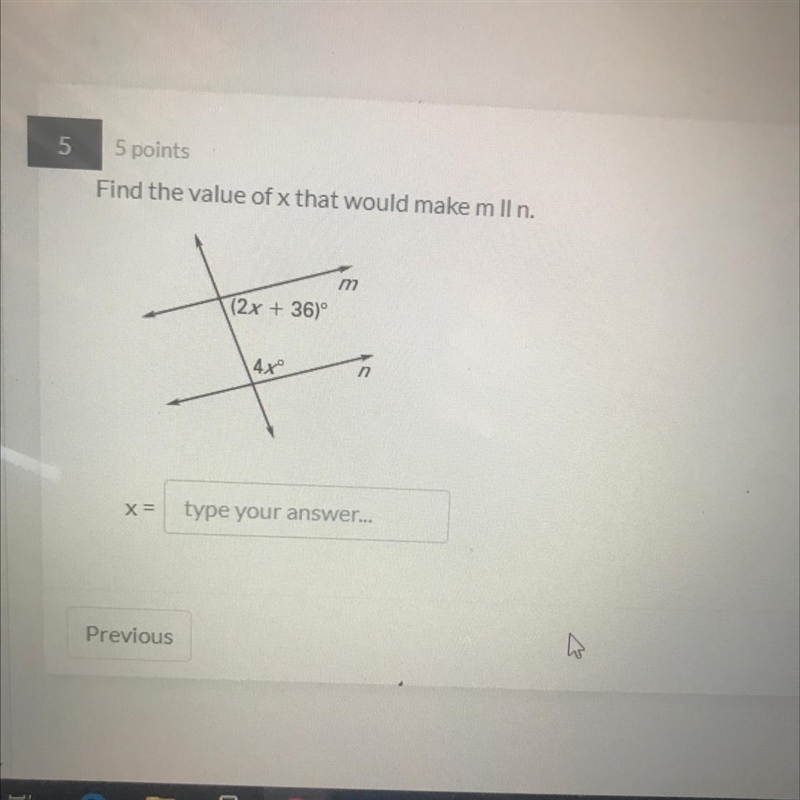 Find the value of x that would make mlin. m (2x + 36) 4x n X=-example-1