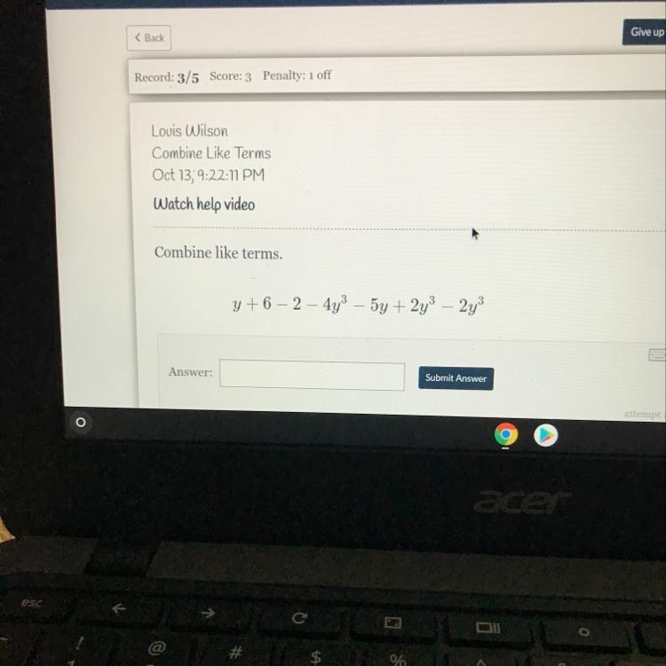 Combine like terms. y+6 - 2 – 4y^3– 5y + 2y^3 – 2y^3-example-1