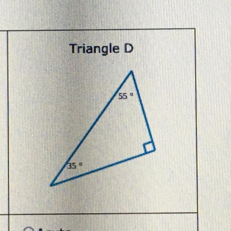 PLEASE HELP!! Are triangles A,B,C and D acute obtuse or right angles?-example-1