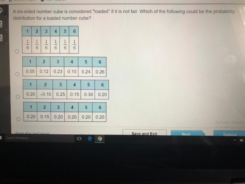 Which of the following could be the probability distribution for a loaded number cube-example-1