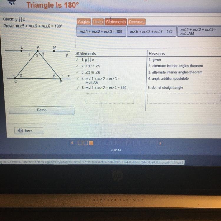 Given; y || 2 Prove: m<5+ m<2 + m<6 = 180° Help-example-1