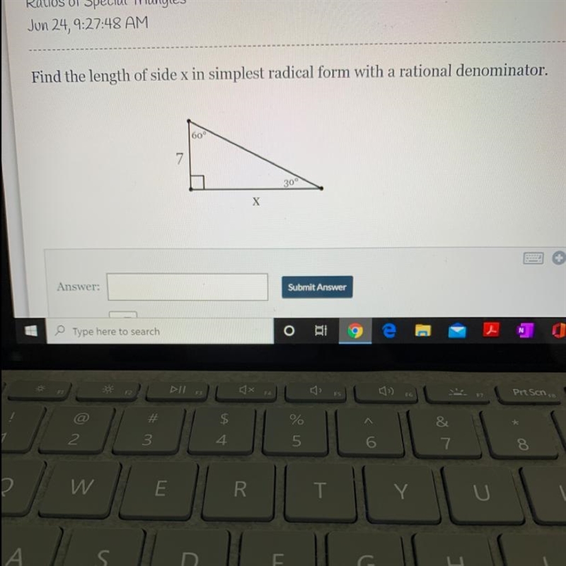 Find the length of side x in simplest radical form with a rational denominator. PLZZZHELPPPPPPP-example-1