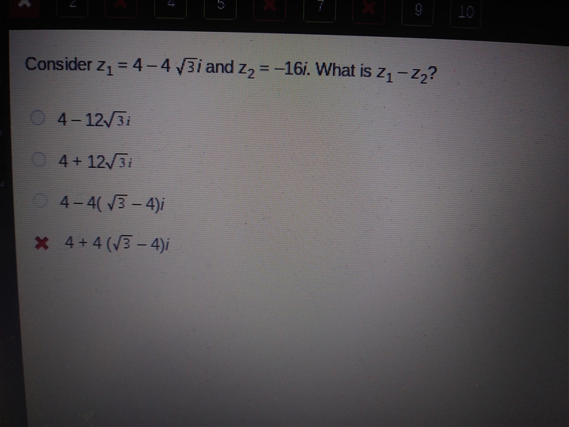 Consider Z1= 4-4 radical 3i and Z2= -16 i. What is Z1-Z2?-example-1