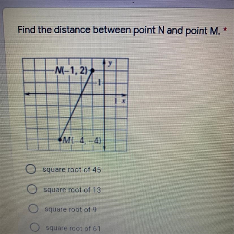 Find the distance between point N and point M. -N(-1,2) *M(-4, 4) square root of 45 square-example-1