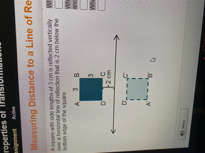 A square with side lengths of 3 cm is reflected vertically over a horizontal line-example-1