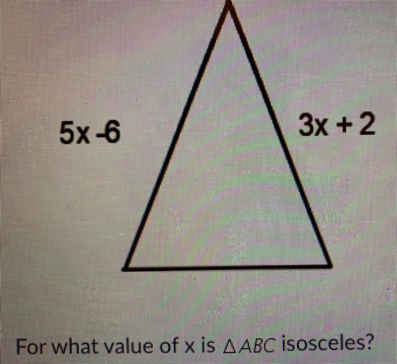 For what value of x is angle ABC isosceles?-example-1