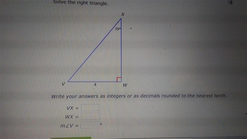 Solve for the right triangle Angle V 51-example-1