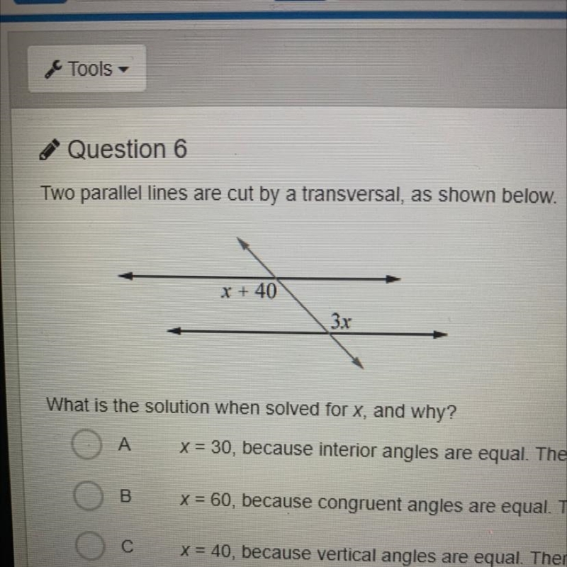 Tools - Question 6 Two parallel lines are cut by a transversal, as shown below. x-example-1