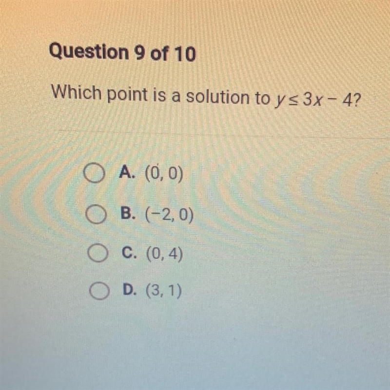 Which point is a solution to y<=3x-4?-example-1