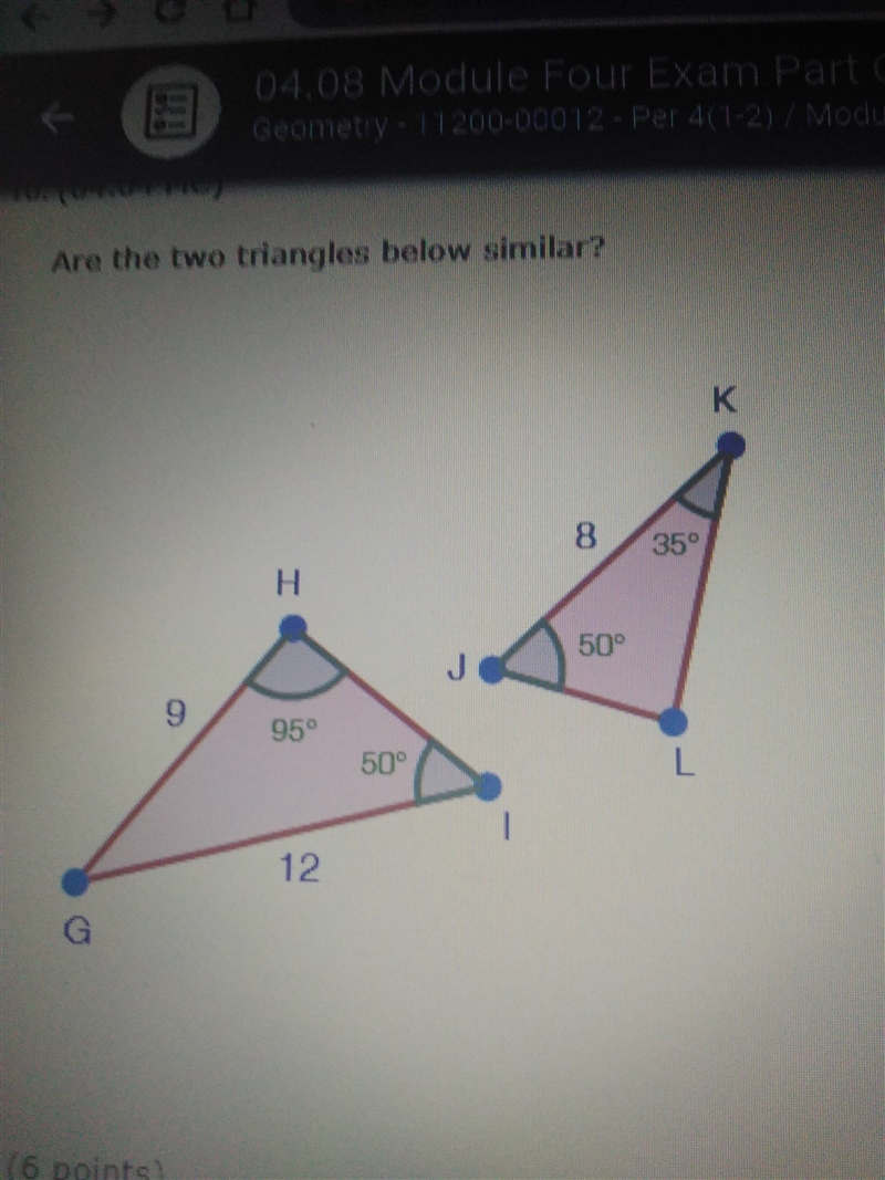 Ar the two triangles below similar? A. Yes, because the corresponding sides are proportional-example-1