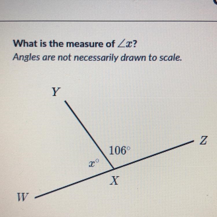 What is the measure of Zx? Angles are not necessarily drawn to scale. Y - Z 106° Х-example-1