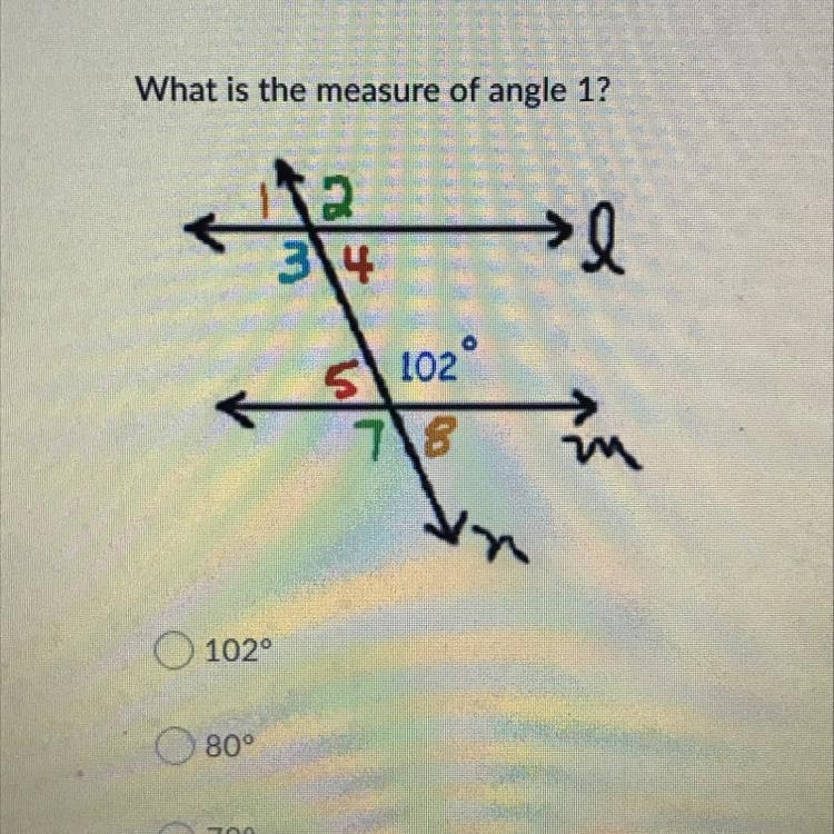 What is the measure of angle 1? A: 102 degrees B: 80 degrees C: 78 degrees D: 88 degrees-example-1