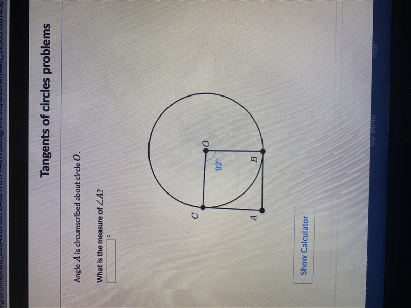 Angle A is circumscribed about circle O. What is the measure of A.-example-1