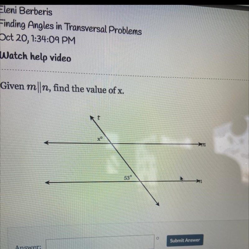 Given m|n, find the value of x. t xo >m 53°-example-1