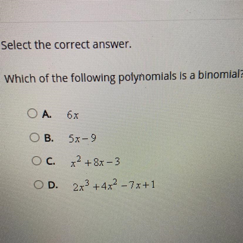 Which of the following polynomials is a binomial?-example-1