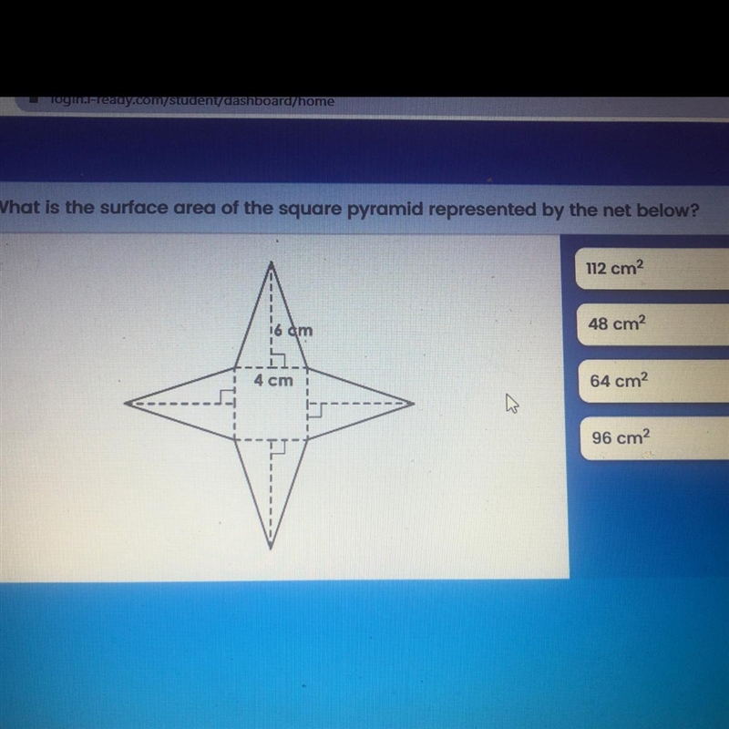 Wha t is the surface area of the square pyramid represented by the net below Question-example-1