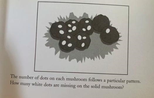 How many white dots are missing on the solid mushroom?-example-1