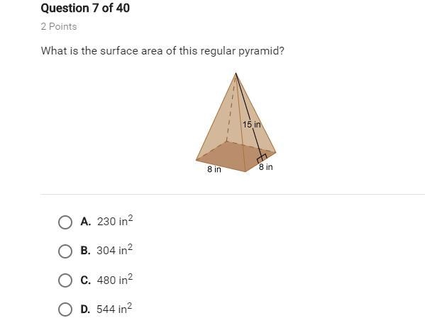 What is the surface area of this regular pyramid? A. 230 in2 B. 304 in2 C. 480 in-example-1