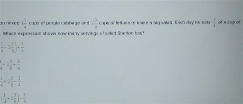 Shelton mix 1 1/4 cups of purple cabbage and 2 3/8 cups of lettuce to make a big salad-example-1