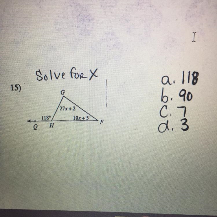 Solve for X G (27x + 2 10x + 5 118° H-example-1